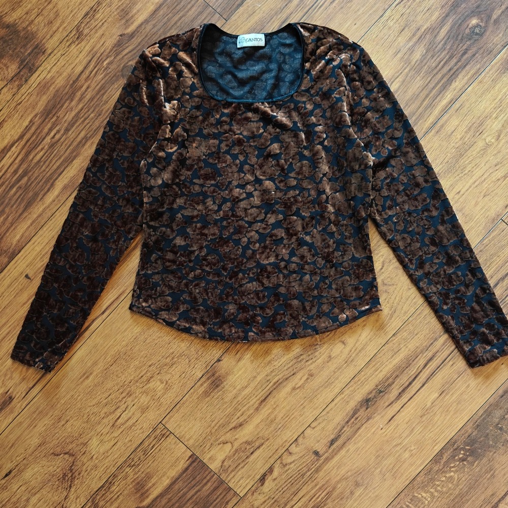 VTG Gantos Sheer Mesh Velour Top Black Chocolate Brown Women's M‎ Scoop Neck 90s